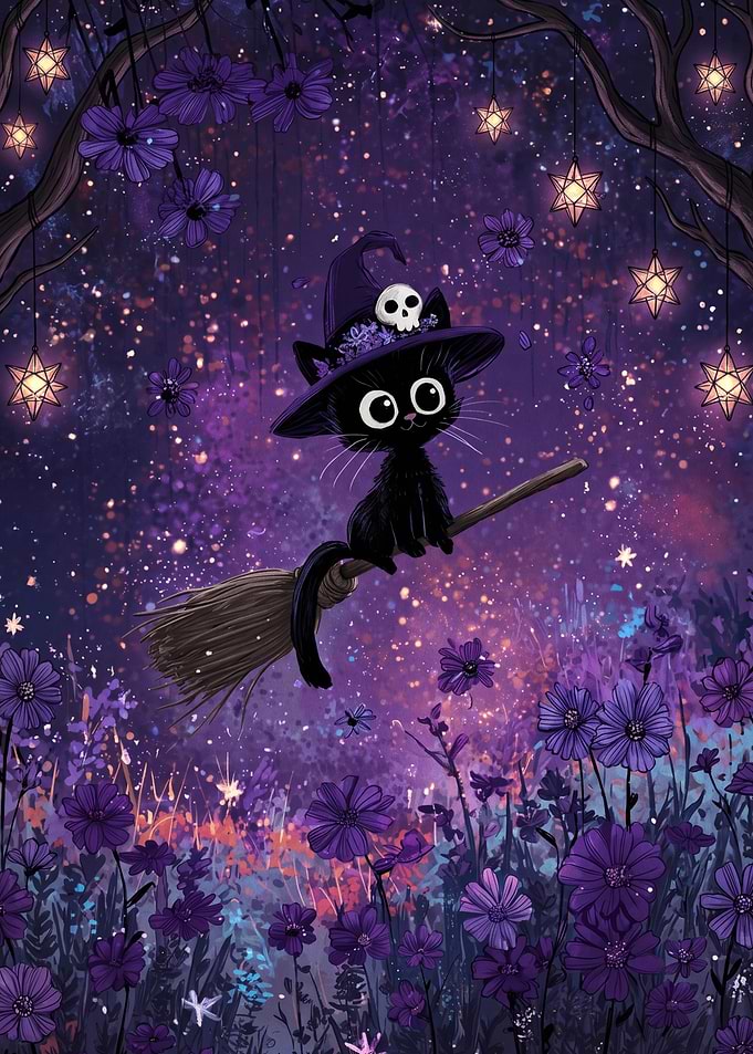 Cute Black Cat Witch on Broom