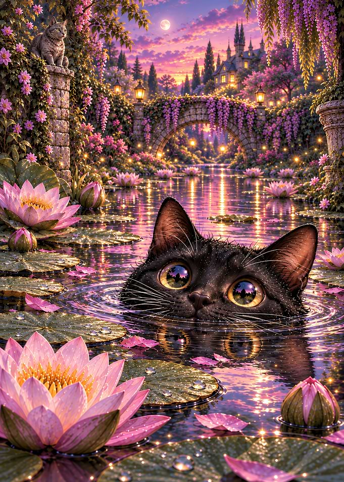 Black Cat in Lotus Pond