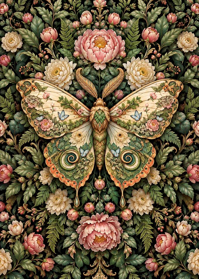 Ornate Floral Butterfly Botanical Illustration