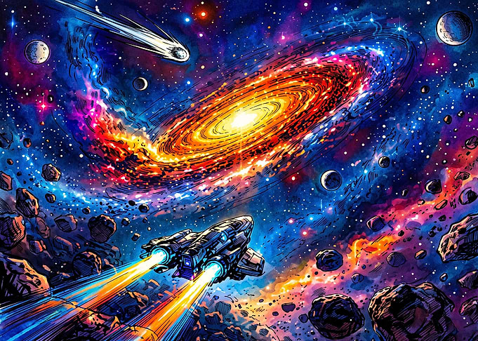 Spaceship Flying Through Vibrant Galaxy