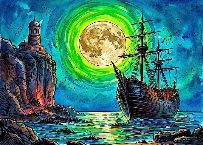 Galleon Sailing Under Glowing Moon