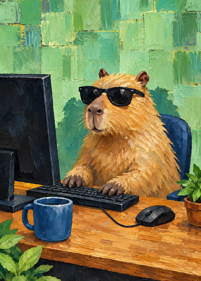 Cool Capybara Working at Computer