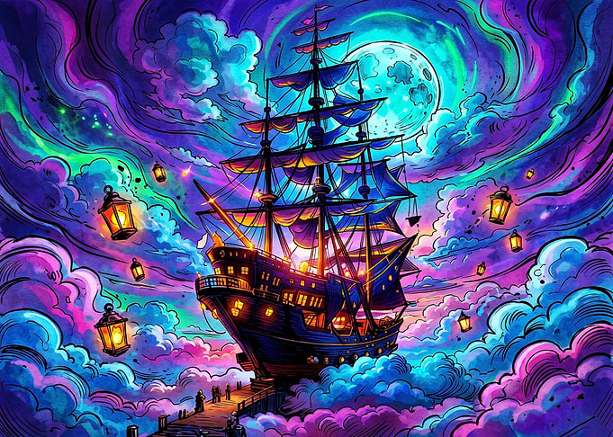 Magical Flying Ship in Neon Clouds