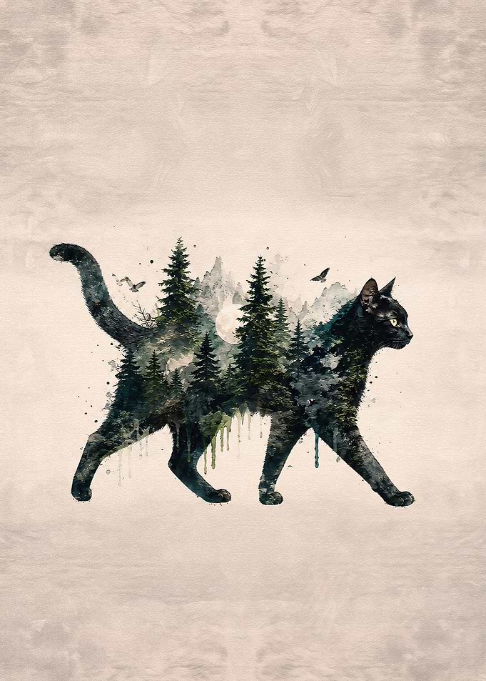 Double Exposure Forest Cat Silhouette