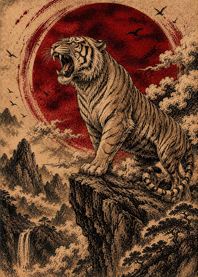 Roar of the Crimson Sun Japanese Tiger Wall Art