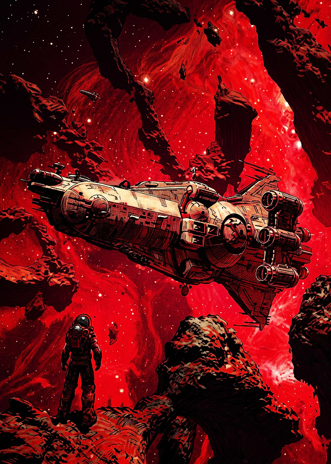Astronaut Observing Spaceship in Red Nebula