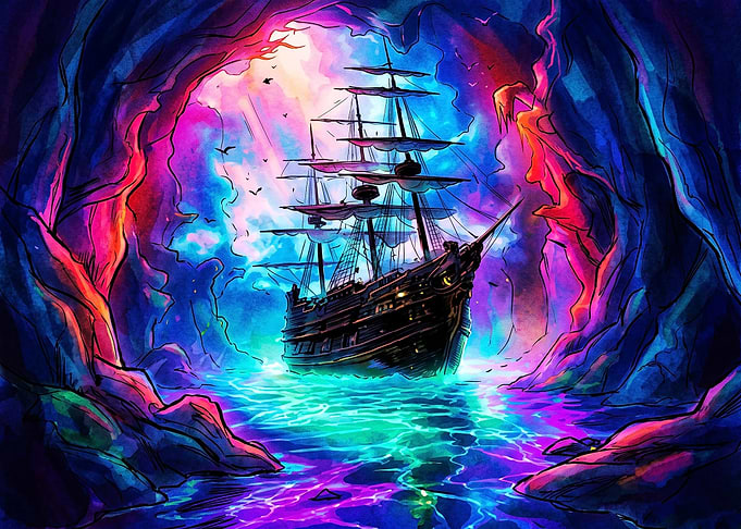 Neon Pirate Ship in Magical Cave