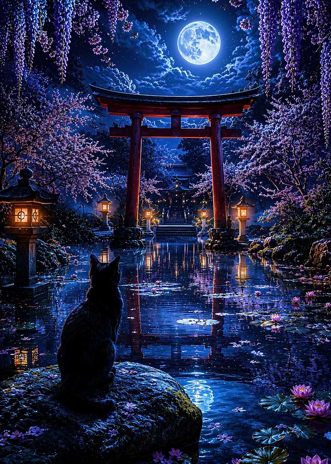Cat Watching Moonlit Japanese Shrine