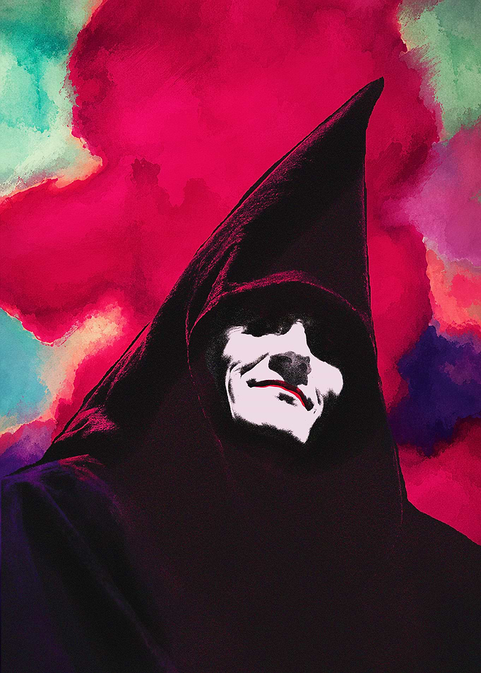 Water color Hooded Figure with Clown Makeup