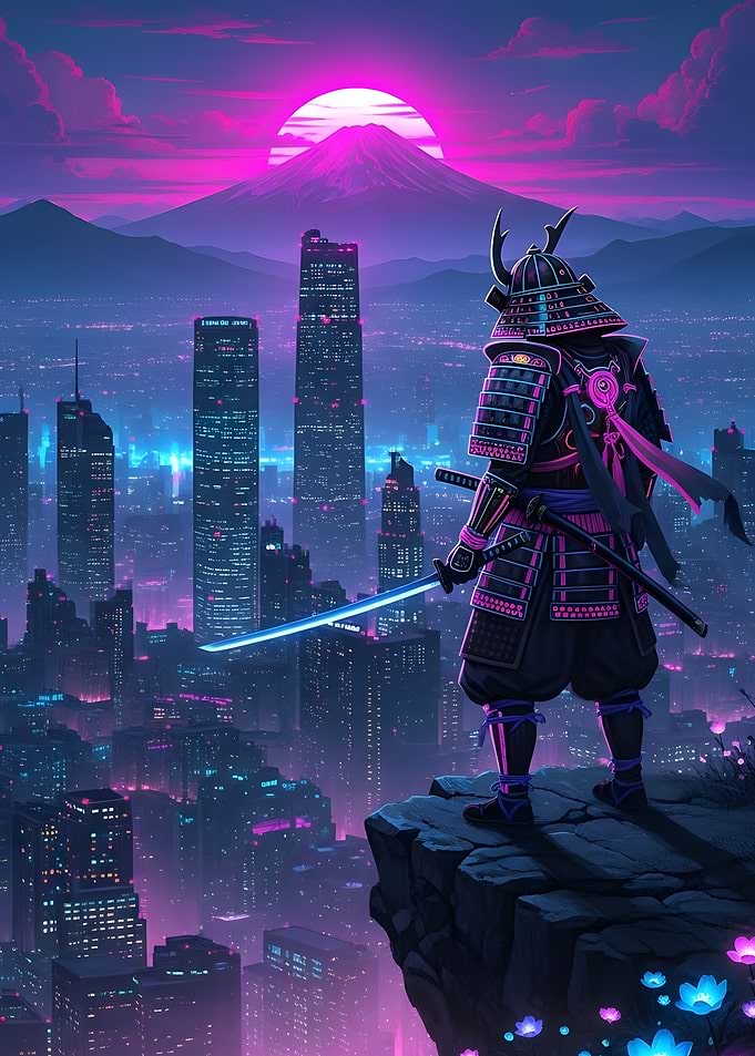 Cyberpunk Samurai Overlooking Neon City