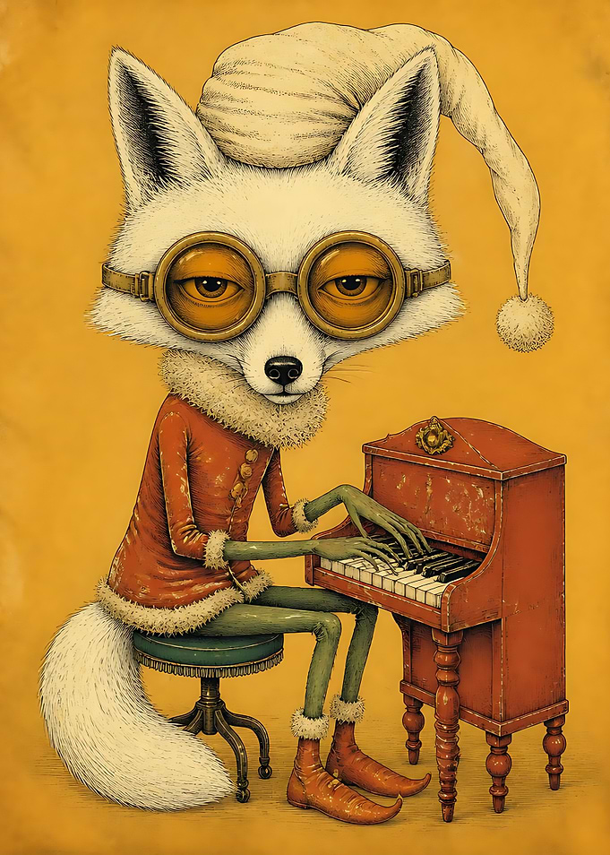 Whimsical Fox Playing Vintage Piano