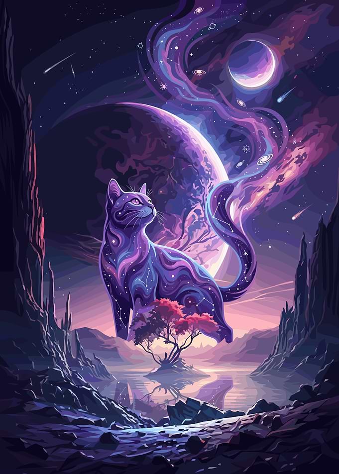 Cosmic Cat in Nebula Landscape