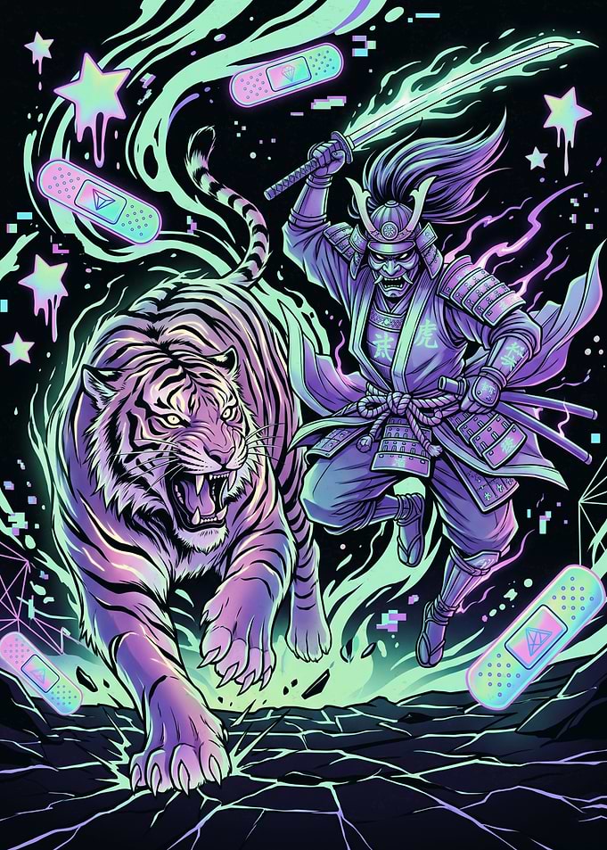 Samurai and Tiger Neon Illustration