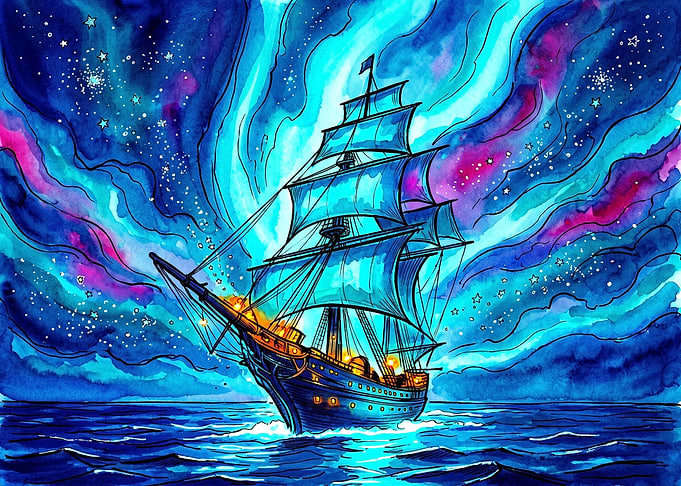 Sailing Ship Under Cosmic Aurora