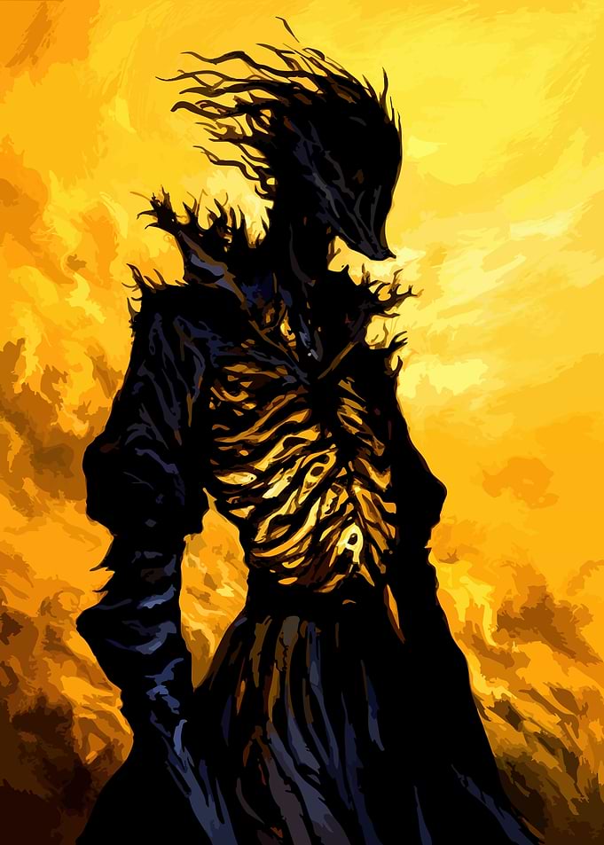 Dark Shadow Figure in Golden Flames