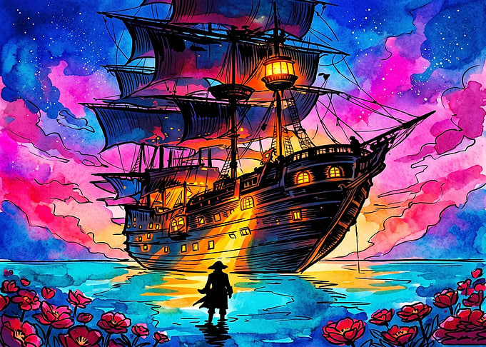 Pirate Ship in Magical Floral Sea