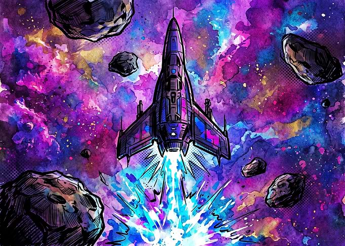 Spaceship Flying Through Asteroid Field
