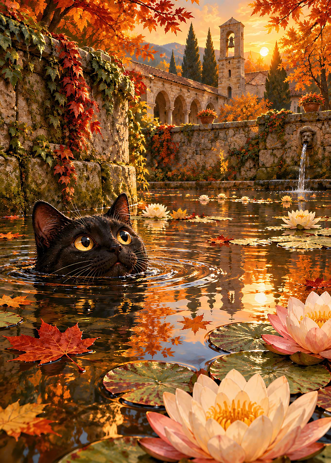 Black Cat Swimming in Autumn Pond