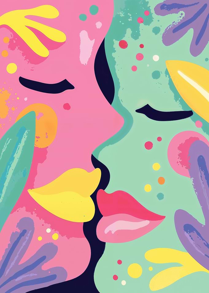 Two colorful abstract women faces kissing in profile