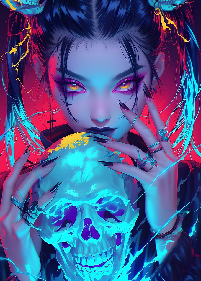 Cyberpunk Girl Holding Glowing Skull