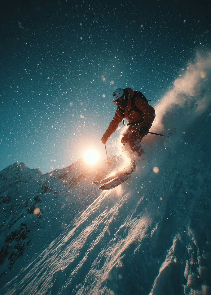 Skier descending snowy mountain at sunset