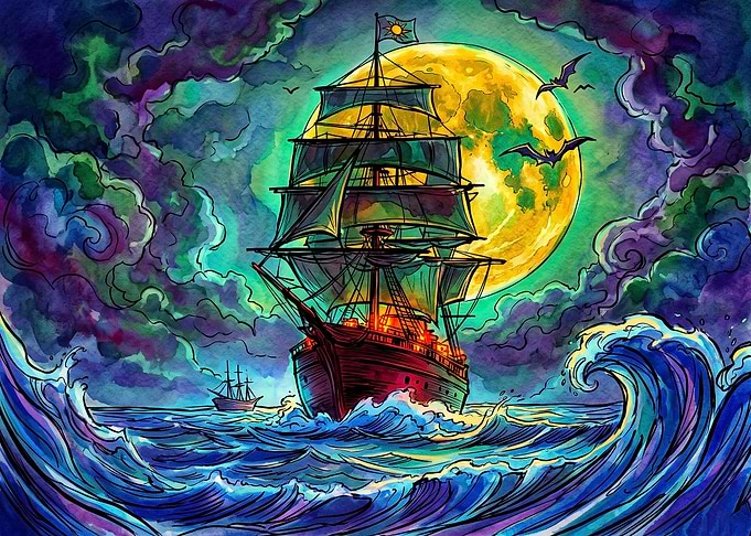 Ghost Ship Under Full Moon