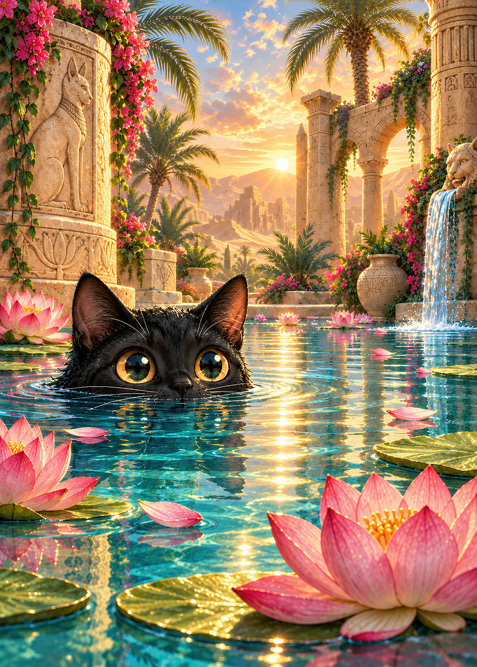 Black Cat in Egyptian Lotus Pond