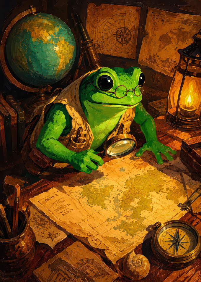 Explorer Frog Studying Ancient Map