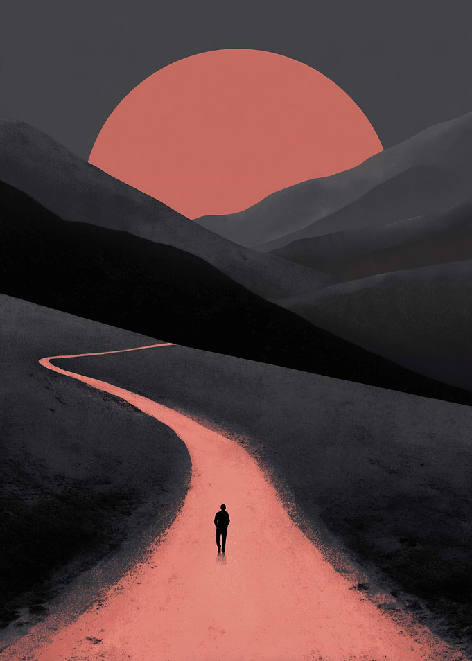 Lone Figure on a Pink Road at Sunset