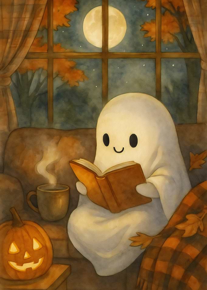Cute Halloween Ghost Reading