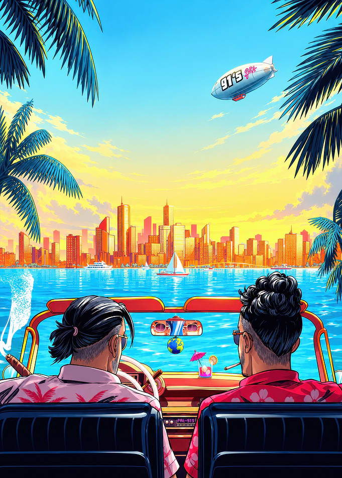 Two Men Driving Toward City Skyline