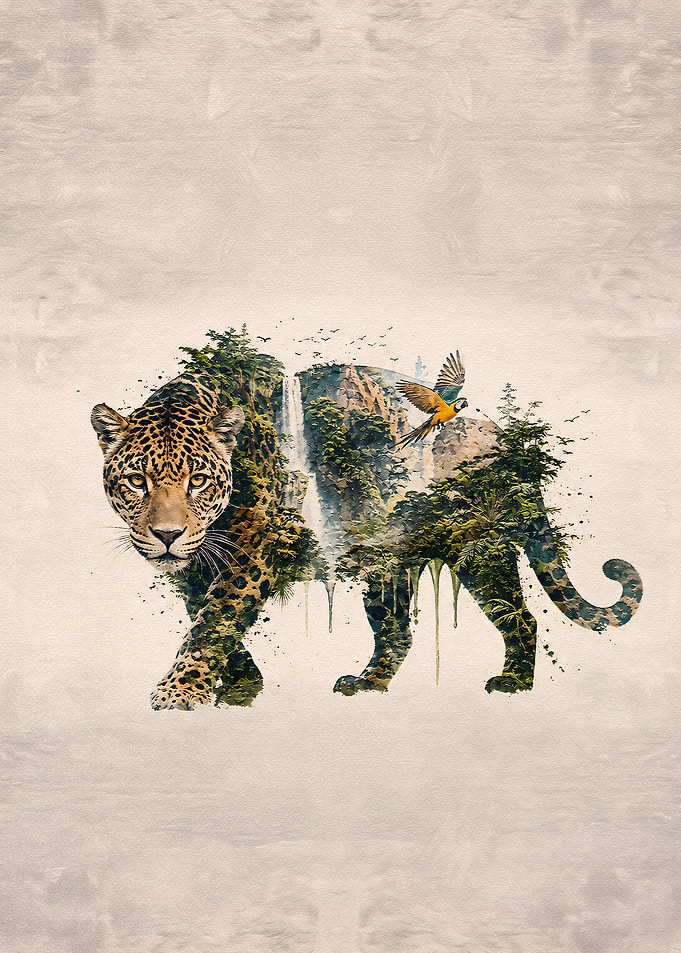 Double Exposure Jaguar Jungle Art