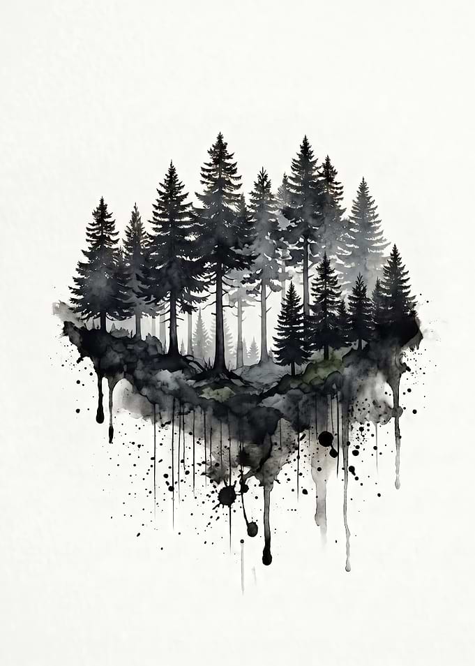 Watercolor Pine Forest Silhouette