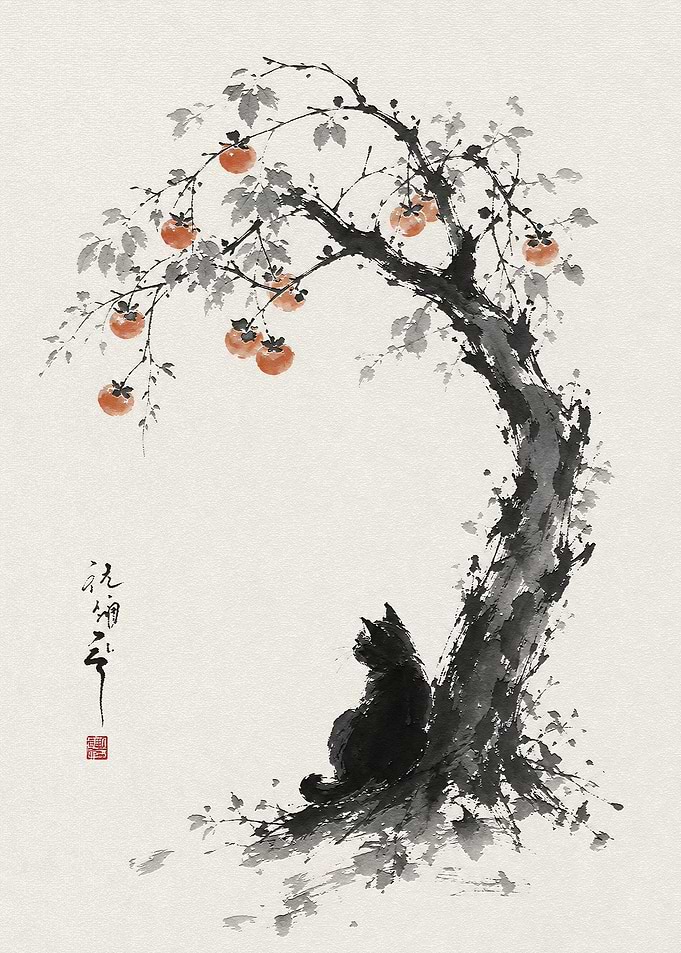 Black Cat Under Persimmon Tree