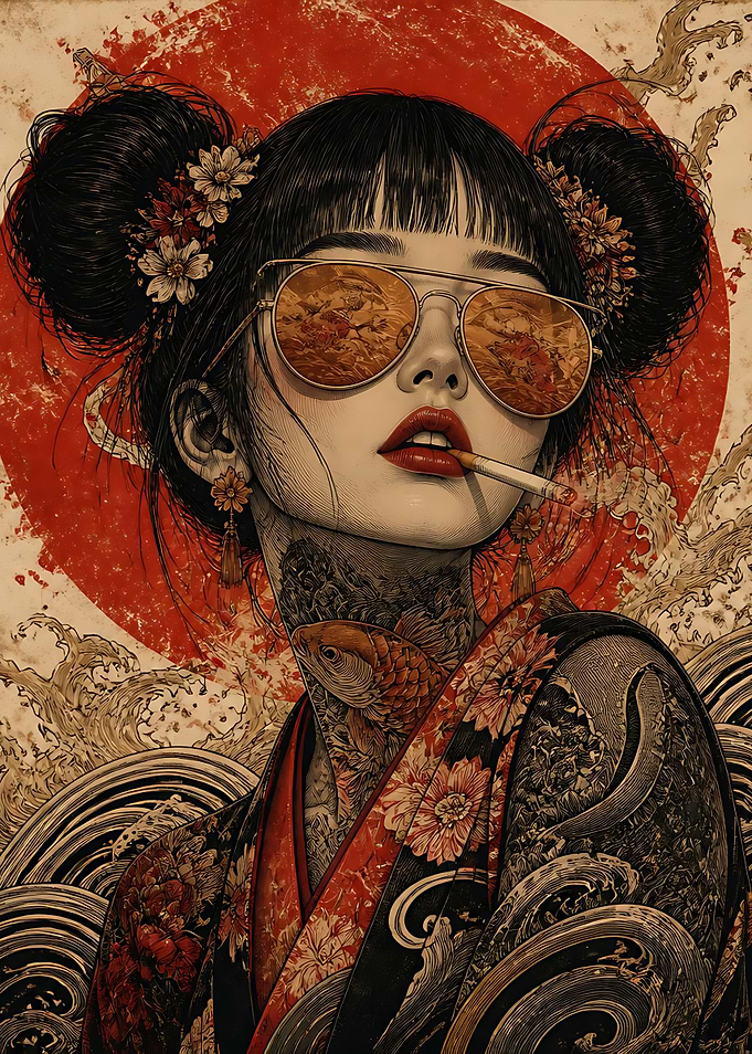 Stylish Geisha with Koi Tattoo Portrait