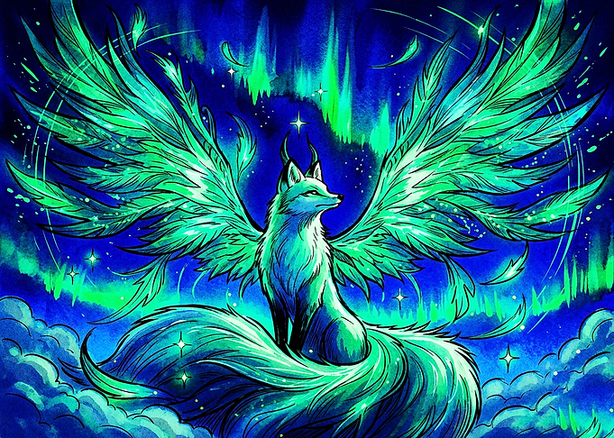Winged Fox Under Aurora Borealis