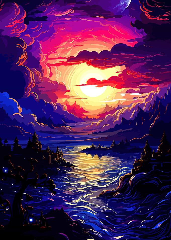 Vibrant Fantasy Sunset Over Water