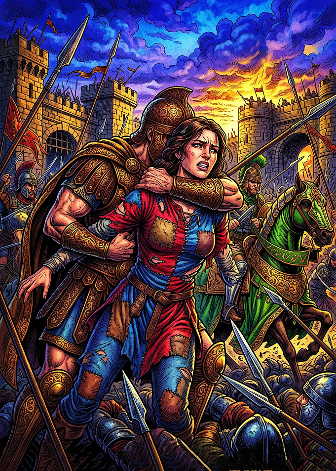 Medieval Warrior Rescuing Woman in Battle