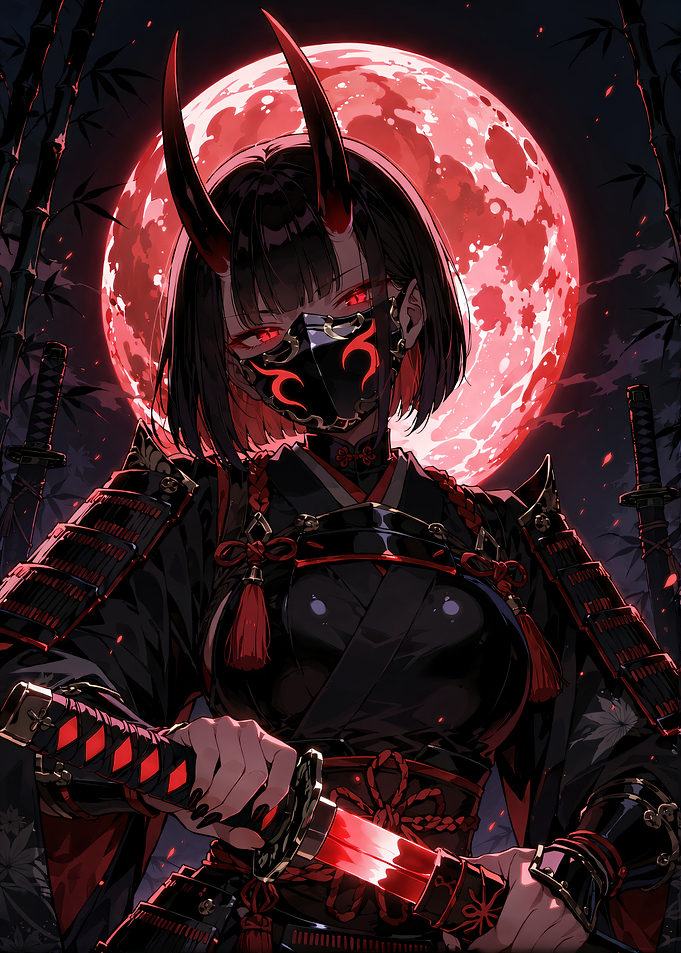 Oni Samurai Girl Under Red Moon