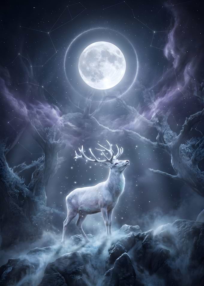 Ethereal White Stag Under Full Moon