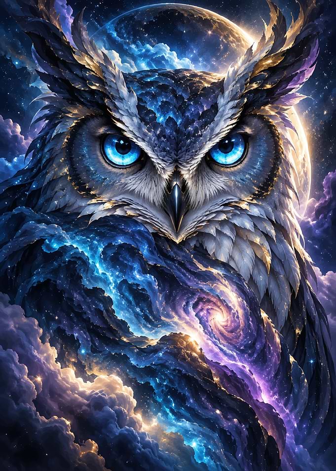Cosmic Owl with Glowing Blue Eyes