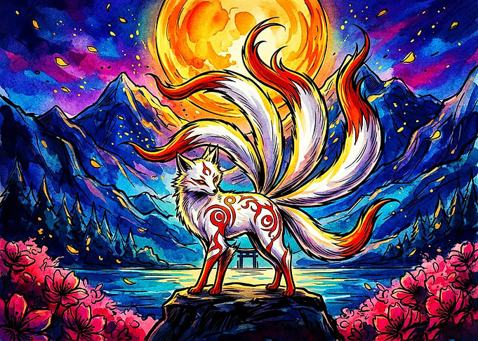 Nine-Tailed Kitsune Under Full Moon
