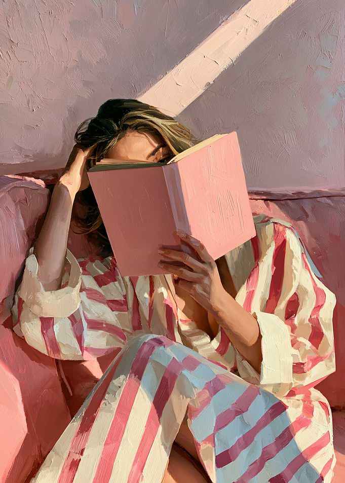 Woman Reading Book in Pink Robe