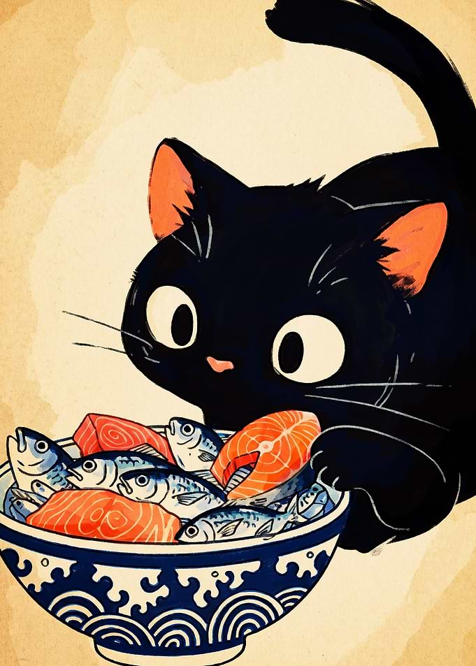 Cute Black Cat Eating Fish
