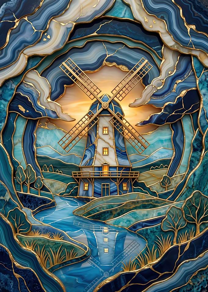 Blue and Gold Windmill Kintsugi Art
