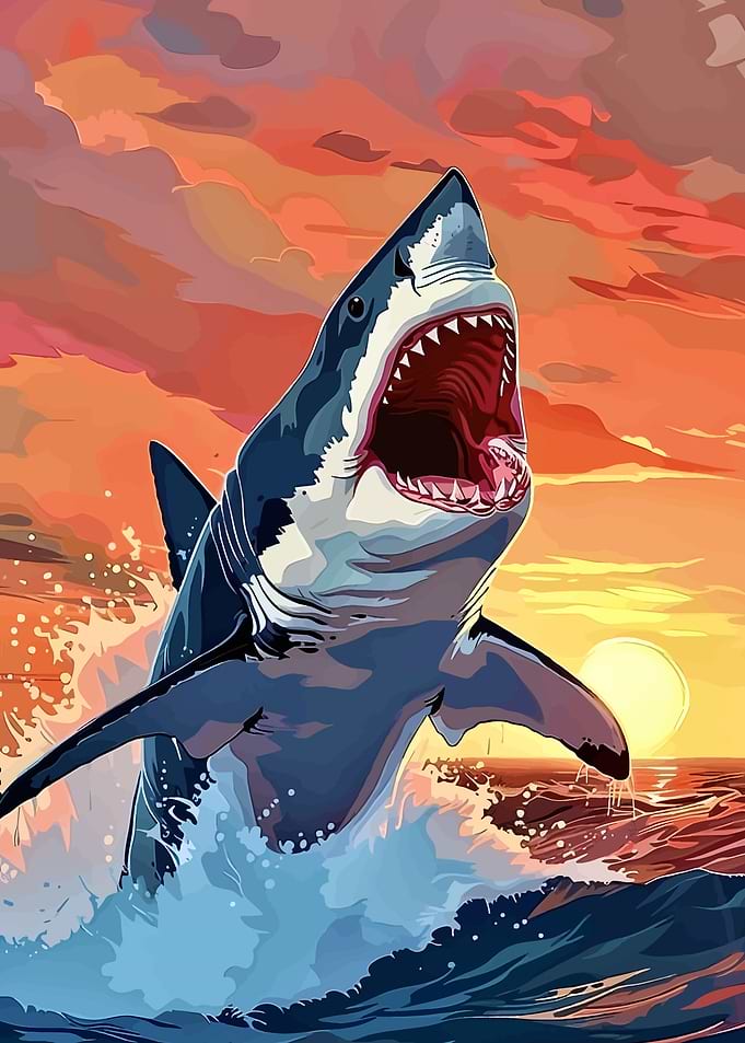 Great White Shark Jumping at Sunset