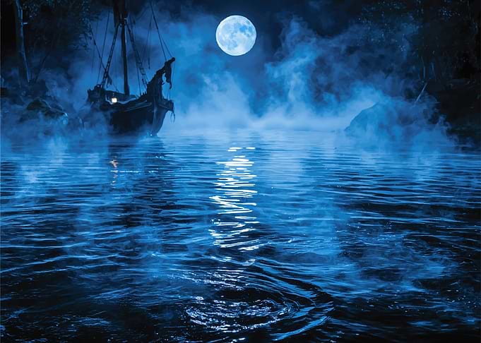 Mystical Moonlit Ship in Fog