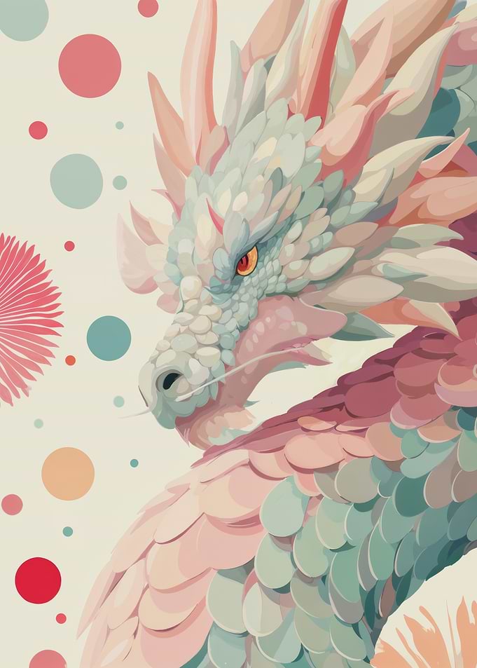 Pastel Dragon Portrait with Coral Teal Scales