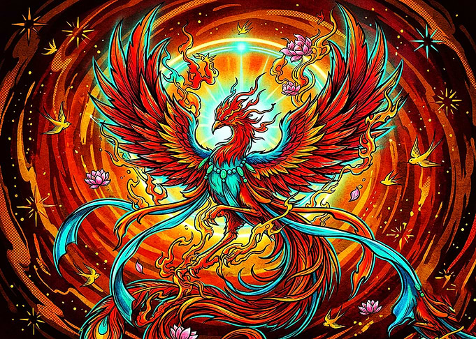 Vibrant Mythical Phoenix Rising Illustration