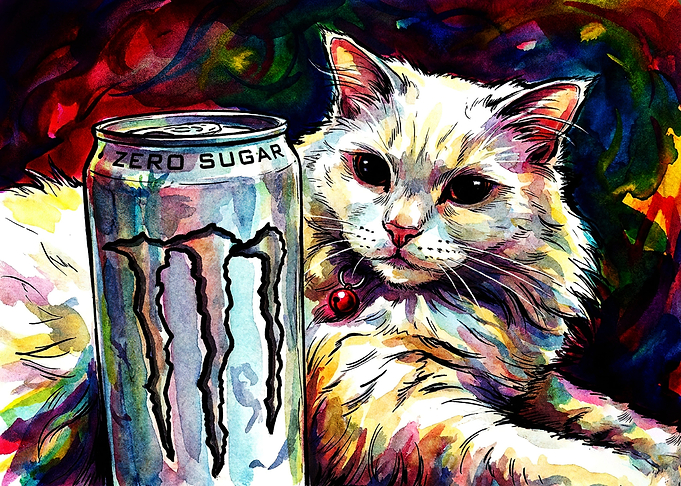 White Cat with Monster Energy Drink
